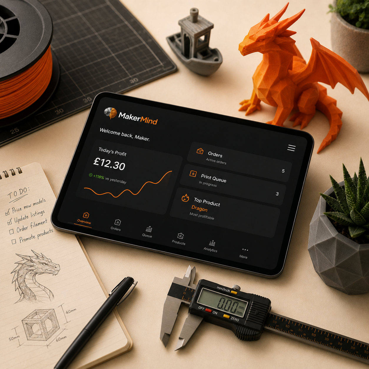 3D-printed dragon, smartphone showing profit dashboard, orange filament spool and printed receipt arranged on a warm cream background